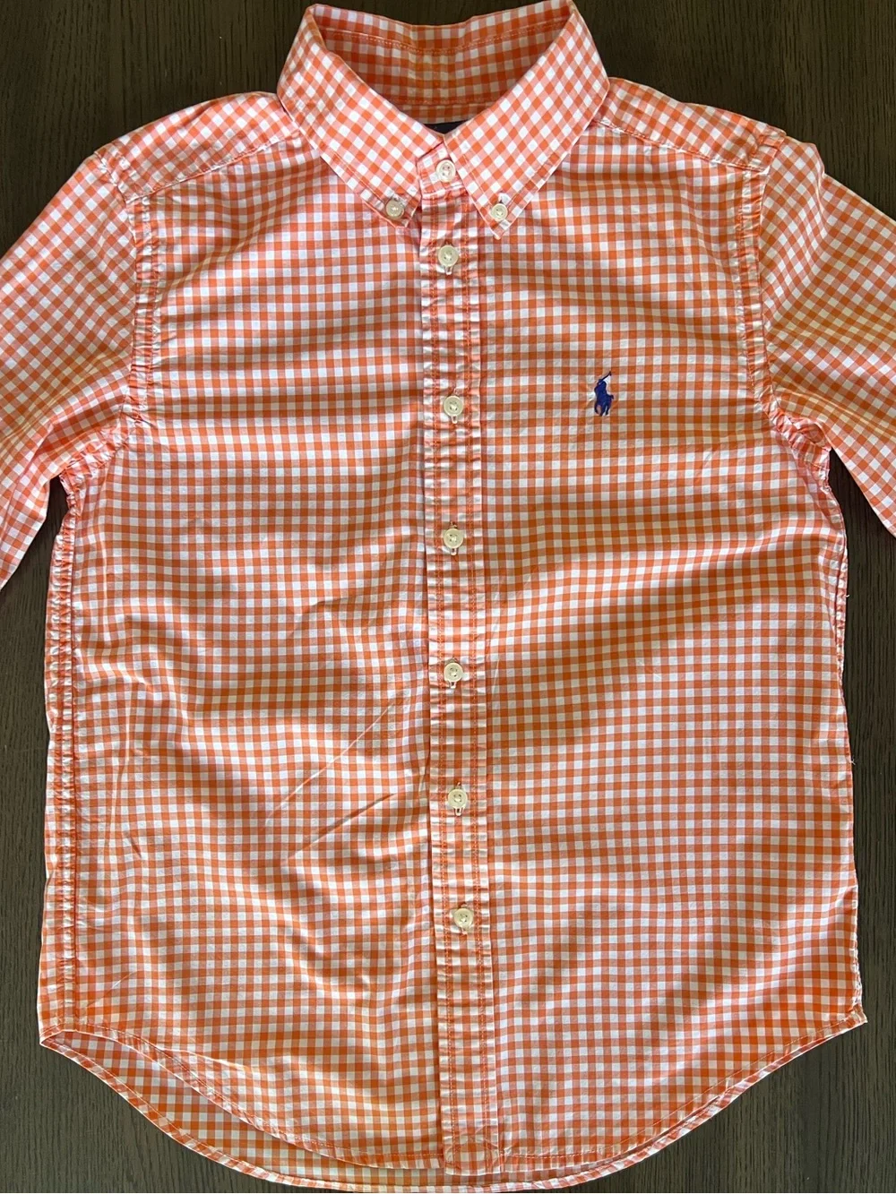 Ralph Lauren Boys Orange White Check Button Down Shirt Blue Pony GUC